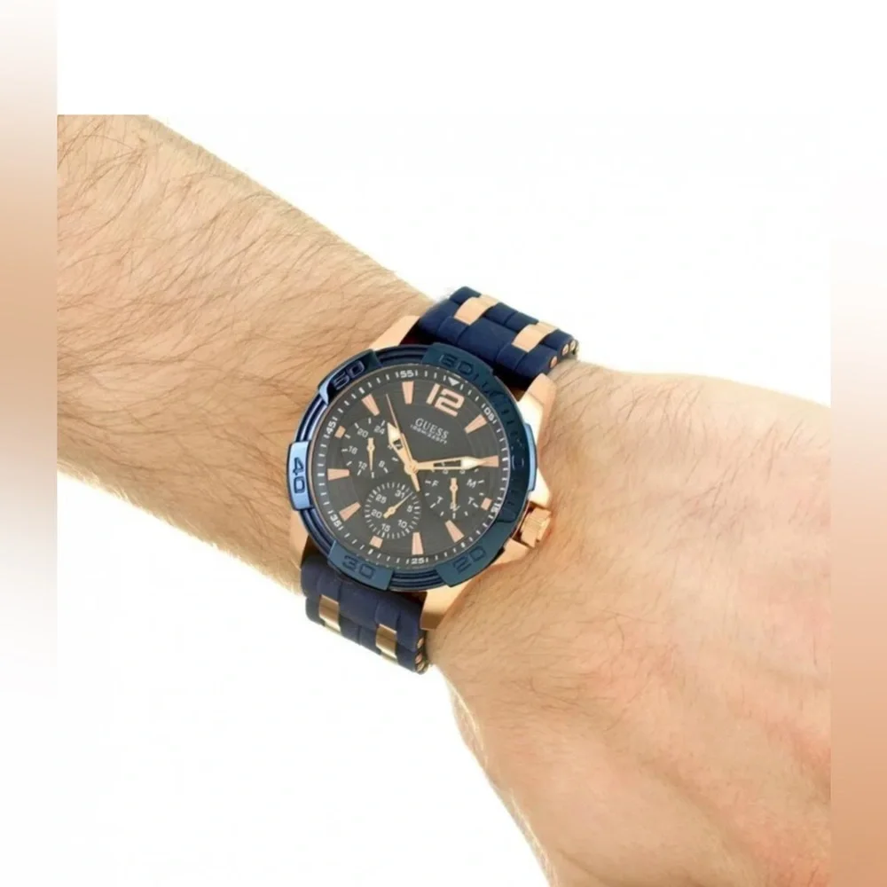 Guess Rose Gold Stainless‎ Steel Blue Silicone Strap Men Watch W0366G4